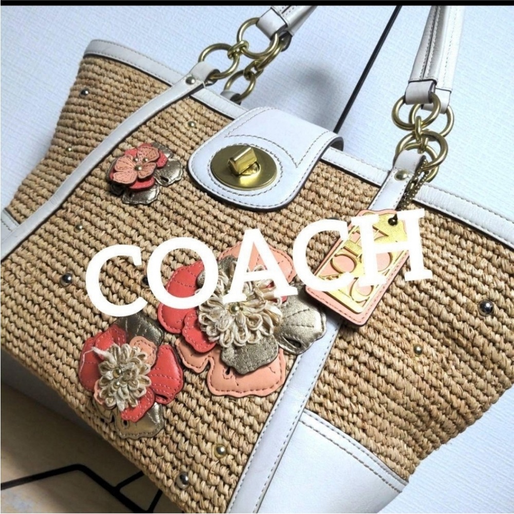 Coach Hampton Leather and Straw Tote with White Trim and Floral Appliqués - Picture 6 of 15